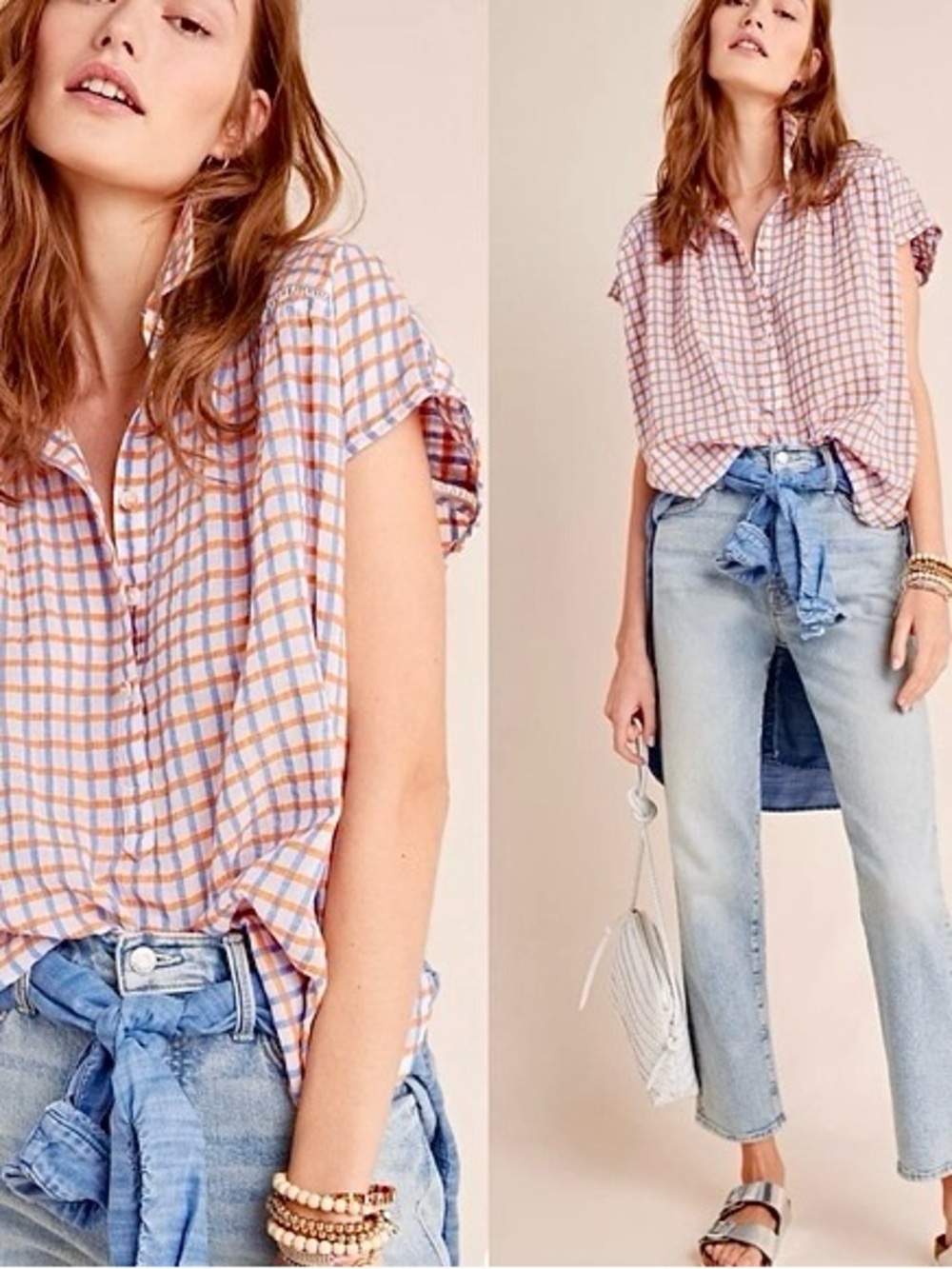 Pilcro Anthropologie Gauze Plaid Button Front Shirt S Boho EUC